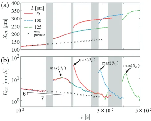 Figure 2: Temporal variations of (a) CL position X CL and (b) velocity U CL on substrates for L = 75, 100, and 125