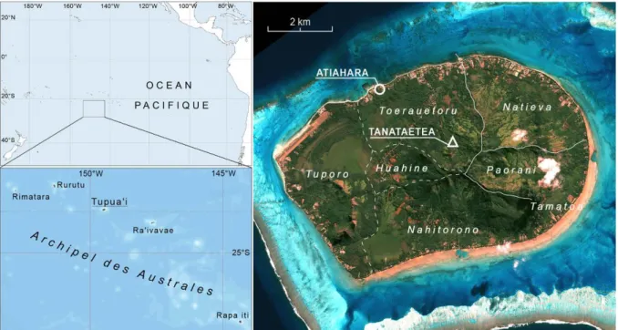 Figure 1. Carte de Tupua'i et localisation des sites étudiés (image Quickbird). 