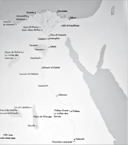 Fig. 1 : Carte de l’égypte. Les points gris correspondent aux nécropoles étudiées. 