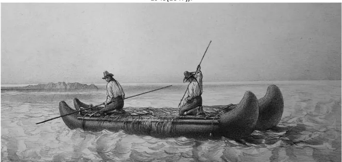 Figura 6. Representación de una balsa de lobo marino en la costa del desierto de Atacama a comienzos  del siglo XIX (D'Orbigny 1945[1847])
