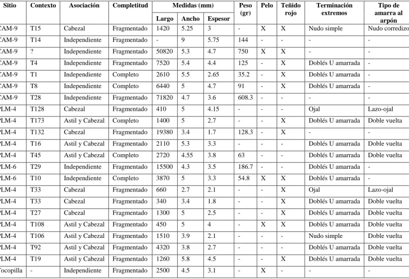Tabla 1. Resumen de los rasgos métricos y tecnológicos de las líneas de caza analizadas