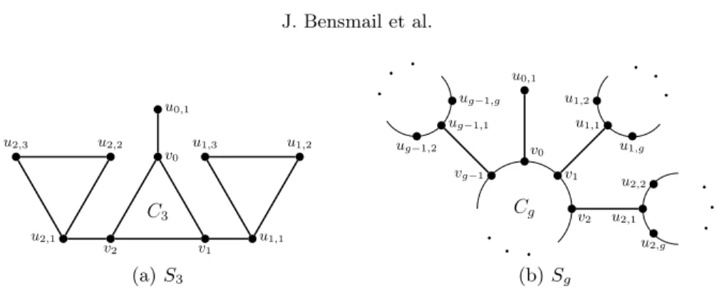 Fig. 3: The planar graphs S 3 (left) and S g (right) of girths 3 and g, respectively.