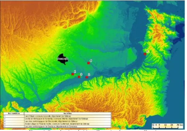 Figure 4. Carte des sites choisis en illustration des travaux effectués   (fond topographique de la basse vallée du Danube – B