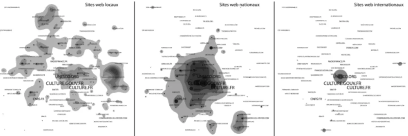 Figure 2. Heatmap des réseaux des sites web du patrimoine immatériel en France par échelle  géographique de l’acteur  (nuances des gris proportionnelles à la densité de la catégorie représentée) 