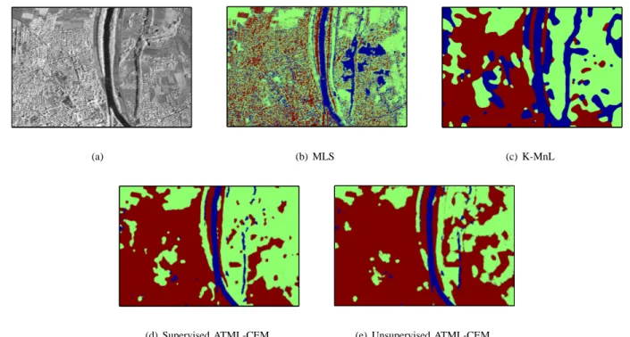 Fig. 6. (a) TSX2 image, (b), (c) and (d) classification maps obtained by K-MnL, MLS, supervised ATML-CEM and unsupervised ATML-CEM methods.