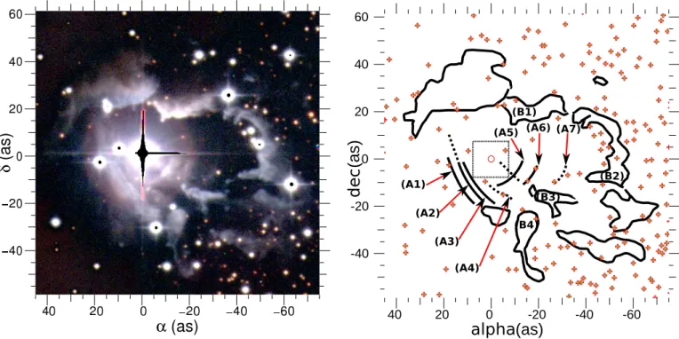 Fig. 6. Reflection nebula around HD 87643, as a composite of R, V and B filters (left), together with a sketch presenting the main structures (right).