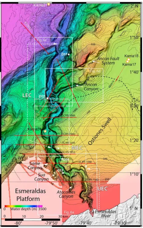 Figure 3. Multibeam bathymetric map of the Esmeraldas Canyon and its tributary canyons; contour interval is 25 m