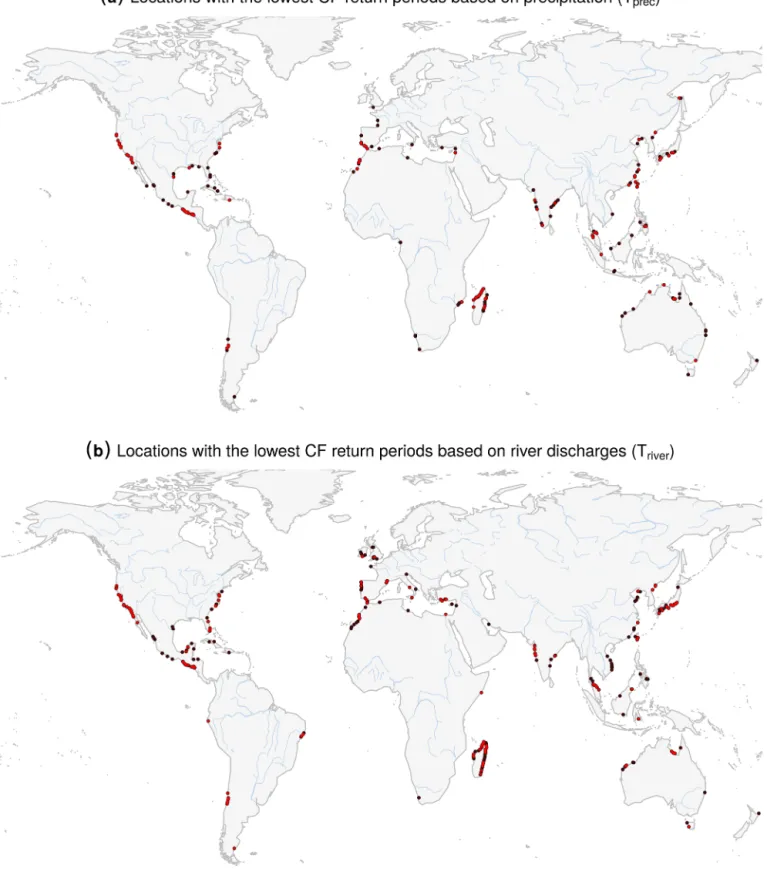 Figure A3. Locations with the lowest potential compound-flooding probability based on precipitation and on river discharge