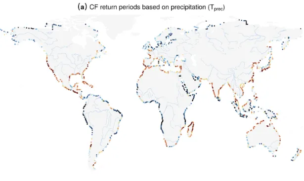 Figure 1. Present-day (1980–2014) potential compound-flooding probability based on precipitation and on river discharge