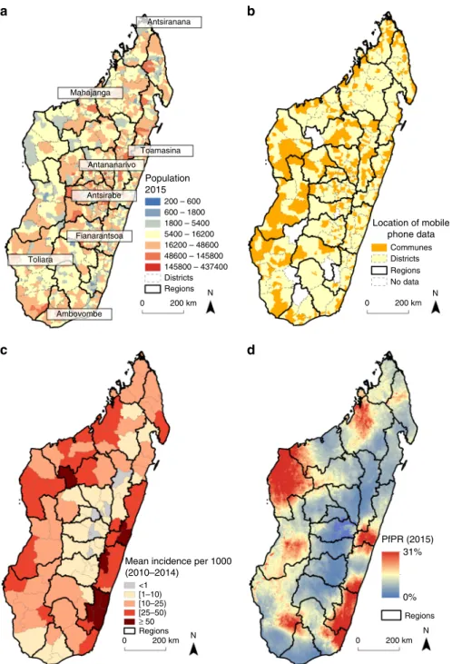Fig. 1 The population, mobile phone coverage, and malaria epidemiology of Madagascar. a Population estimates were obtained from National Institute of Statistic in Madagascar (INSTAT) and shown per commune with district (gray dashed lines) and region (black