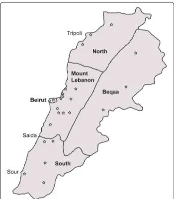 Figure 1 C. pipiens collection sites in Lebanon. In bold are the five geographical regions from where mosquitoes were collected.