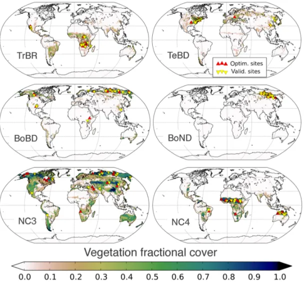 Figure 2. Global distributions of fractional cover for the six PFTs optimised in this study