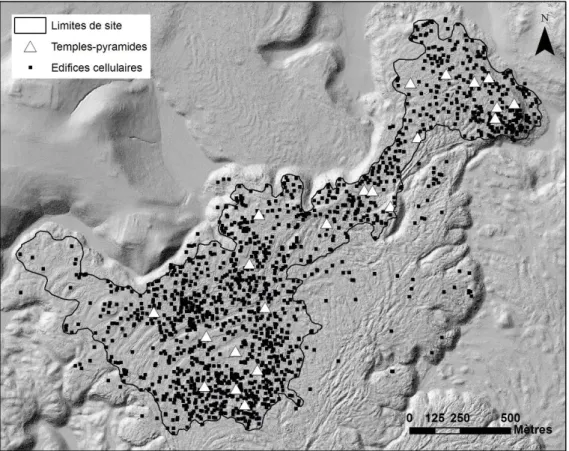 Figure 7. Distribution des édifices cellulaires et des temples-pyramides à El Infiernillo après la 1ère étape   de vérification