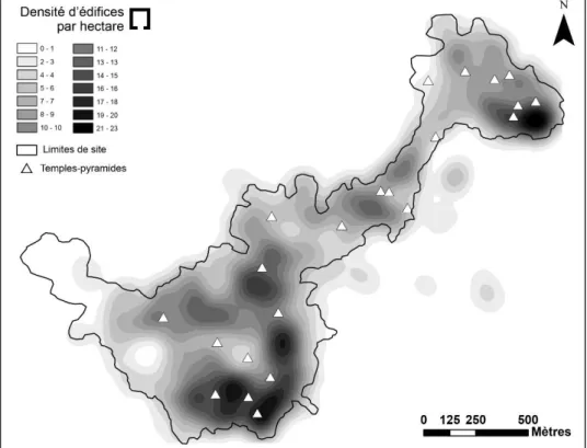 Figure 9. Carte de densité des édifices « cellulaires » à El Infiernillo réalisée après traitement   des données LiDAR