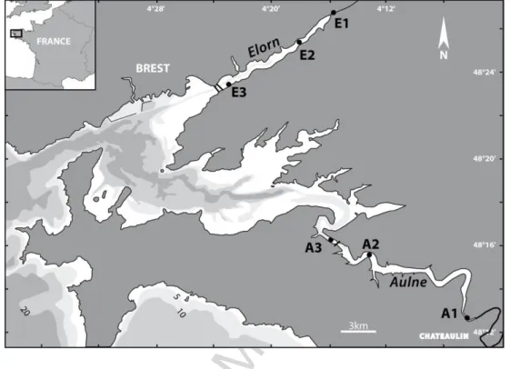 Fig.  1  Study  area  and  location  of  Elorn  stations  E1,  E2,  E3  and  Aulne  stations  A1,  A2, A3, sampled in February and May 2009 into the bay of Brest