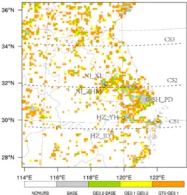 Figure 1. Schematic map of four idealized urban land expansion scenarios (i.e., BASE, GE0.2, GE0.1, and GT0)