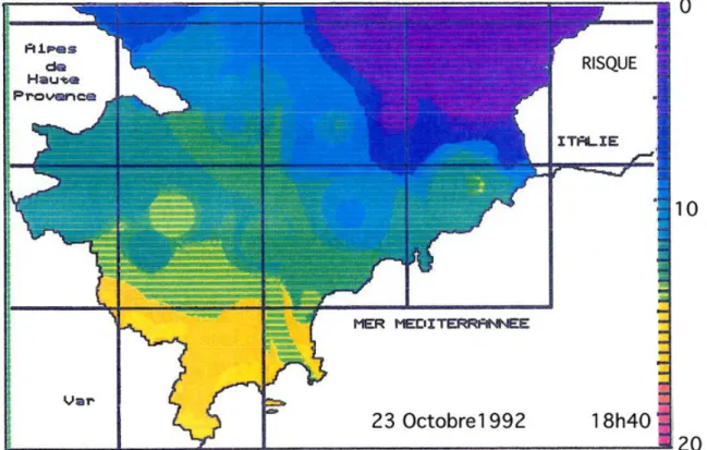 Figure  9  Carte  du  risque  météo  d’incendie  de  forêt  (indice  Carrega  I85/90)  calculé  à  fine  échelle  spatiale  (pixel 200m) utilisé opérationnellement de 1990 à 2000 par le Service de Défense Incendie et de Secours (SDIS) des  Alpes-Maritimes 