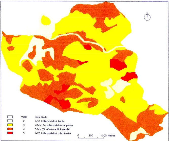 Figure  3.  Carte  de  l’indice  d’inflammabilité  (hors  facteurs  météorologiques)  sur  la  commune  de  Valbonne  (06).