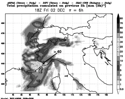 Fig. 11  Precipitations forecasted 6 h before, for the 2 nd  December, from 4pm to 7pm