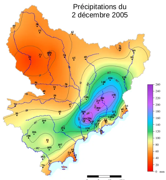 Fig. 3 Total amount of 2 nd  December rainfall on Alpes-Maritimes. Data from  MétéoFrance