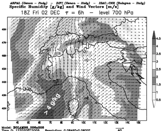 Fig. 4 Specific humidity forecasted 6 h before, for the 2 nd  December, 7pm, at 700hPa  level