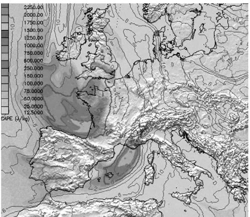 Fig. 5 CAPE forecasted for 2 December at 21 UTC. Model NMM. Univ. of Basel. 