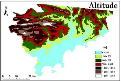 Fig. 2  Le relief de la moitié sud des Alpes-Maritimes (pixel = 50m). ArcView et BD Alti.