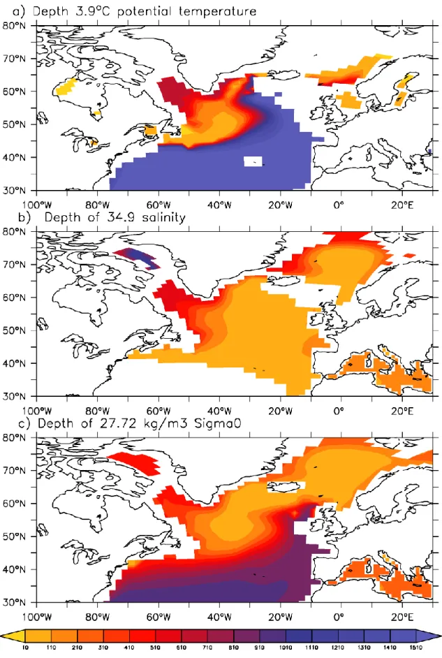 Figure 10: Depth (in meters)  in HosMedHuge1 averaged over the first 100 years of water  masses with a) a  potential temperature of 3.9°C, b) salinity of 34.9 g/kg and c) density ( 0 )  of 27.72 kg/m 3 