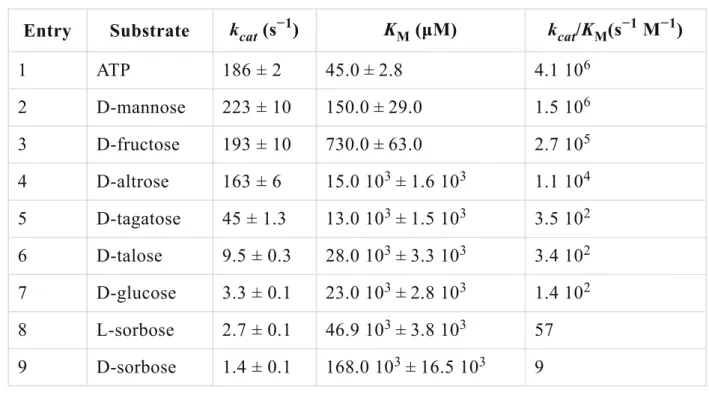 Table 2 Kinetic parameters of ScrK Entry Substrate k  (s ) K  (μM) k /K (s  M ) 1 ATP 186 ± 2 45.0 ± 2.8 4.1 10 2 D-mannose 223 ± 10 150.0 ± 29.0 1.5 10 3 D-fructose 193 ± 10 730.0 ± 63.0 2.7 10 4 D-altrose 163 ± 6 15.0 10  ± 1.6 10 1.1 10 5 D-tagatose 45 