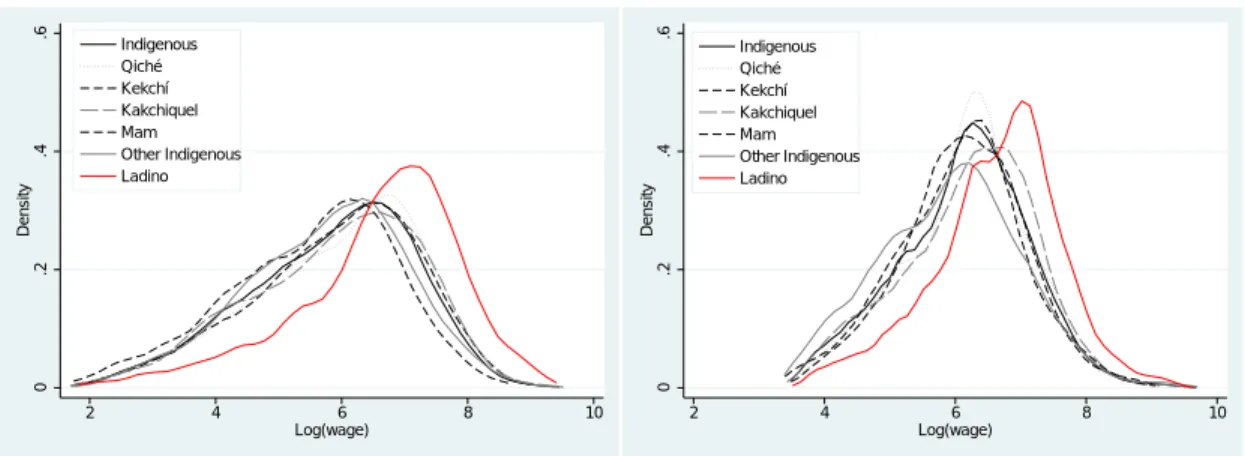 Figure 1 plots the kernel densities of the earnings distribution for six ethnic groups in Guatemala