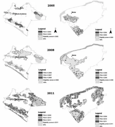 Figura II. Evolución de las áreas elegibles en Yucatán and Chiapas. 