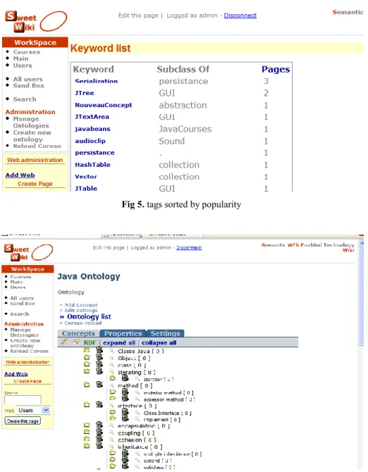 Fig 6. The ontology editor, here illustrated with the Java courses folksonomy. It is possible to  add/edit/remove concepts, properties/settings from here, even import ontologies and merge
