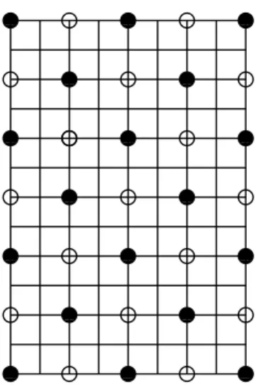 Figure 2: The domain D to be tiled (here with m = 2, n = 3). Some of the vertices are distinguished by black or white circles.