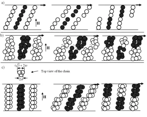 FIG. 1. Periodic rupture/reformation processes that may explain the stick-slip phenomenon, for different types of  MR  structures:  (a)  single  chains  of  Klingenberg  and  Zukosky  (1990);  (b)  thick  aggregates  used  in  the  particle  level simulati