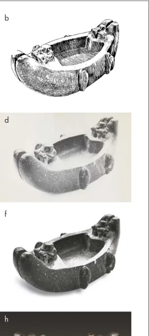 Figura 1. Réplicas gráficas de la balsa de piedra: a) Hans Becher (1953: Abb.1); b) Gualterio Looser (1960: fig