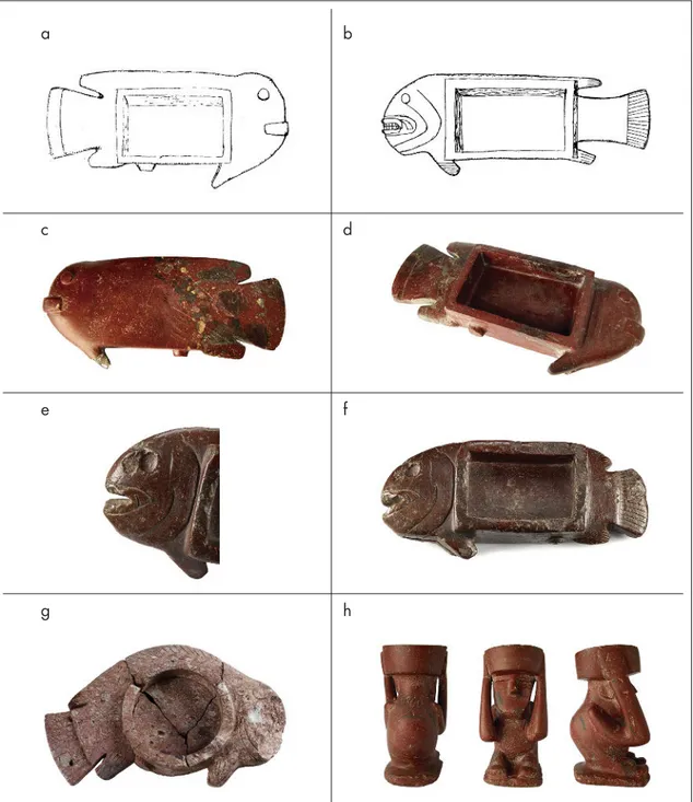 Figura 8. Objetos de piedra relacionados por su forma y materia prima a la balsa: a) objeto en forma de pez, Cogotí 18 (Looser 1935: 