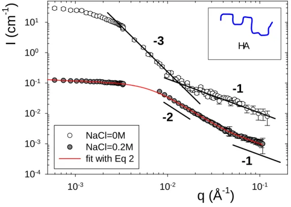 FIG. 1. Scattering for simple 160K HA solutions at c=1.8 g/l. For clarity, the curve at 0M  NaCl ( -1 =64 Å) was shifted by a factor 10