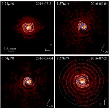 Fig. 1. SGP deconvolution in J, H, and K bands as well as the FeII filter. Contour levels are 1, 5, 10, 20 and 50% of the peak