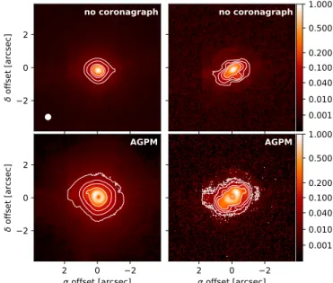 Fig. 2. QPM coronagraph at 10.5 µm. Left panels: WR104, Right panels: PSF reference star HD169916