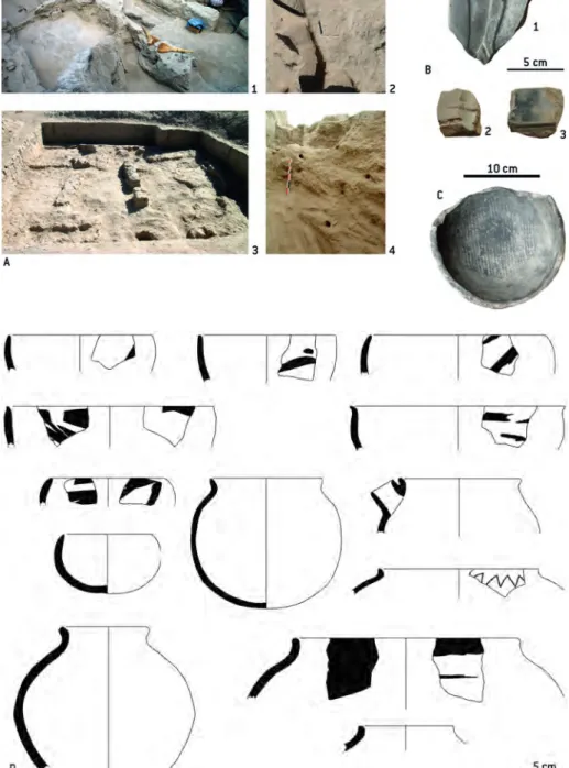 Figure 2 – Le complexe de la période Koktepe I.  A. Habitat de Koktepe : 1 et 3. Maisons en briques crues,  2