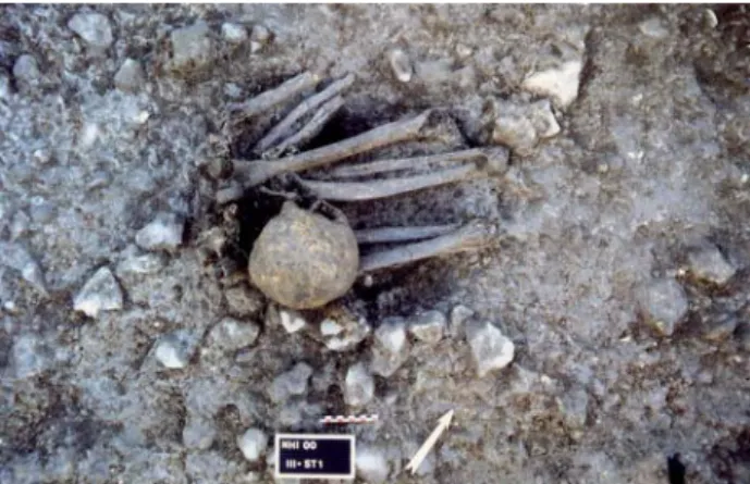 Fig. 8- Neuilly-sur-Marne (Seine-Saint-Denis), inhumation assise méso- méso-lithique, en cours de fouille