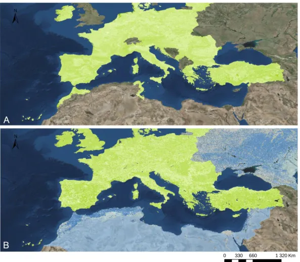 Figure 1. Land cover information.  A – Spatial information for 1990 (Corine Land Cover – green colour); B –  Spatial information for 2006 (Globcorine – blue colour); spatial information used in 2000, 2006 and 2012 covers  only Europe (Corine Land Cover – g