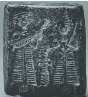 Fig. 1: Moule en stéatite représentant une  famille divine anatolienne, Kaniš,  xviii e  siècle,  Musée des civilisations anatoliennes, Ankara, 