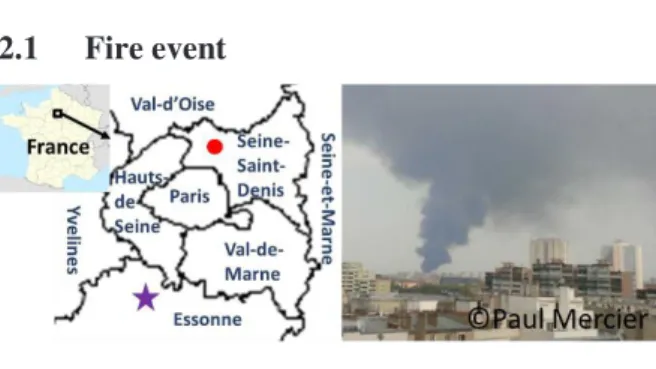 Figure 1. Left:  Loc ations of the textile warehouse on  fire (red circle) and of lidar and sun-photometer  instruments (purple pentagram)