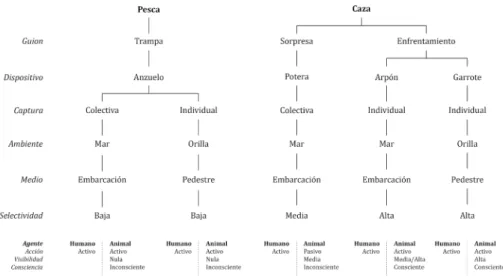 Figura 7. Esquema clasificatorio de las distintas formas de relaciones en el acto   de captura marina del litoral del desierto de Atacama.