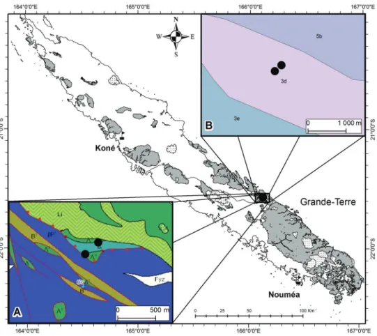 Figure 1. Distribution of Acropogon horarius Gâteblé &amp; Munzinger sp. nov. mapped on the geological (A)  and soil (B) GIS layers of the Petchécara Pass