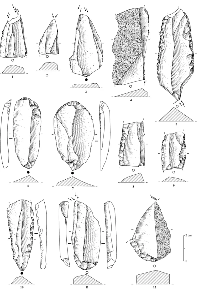 Fig. 5 – Exemples d’outils du carré I23 du RM2. 1-5 : burins ; 6-7 : grattoirs ; 8-10 : lames retouchées ; 11-12 : grattoirs-burins (dessins  G