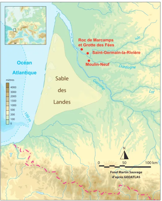 Fig. 1 – Localisation du gisement du Roc de Marcamps et des gisements mentionnés dans le texte