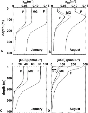 Figure 5. Monthly mean vertical profiles of a 350 (top row) and OCS concentration (bottom row) in January (left column) and August (right column) simulated by NEMO-PISCES in a 1-D run at the BATS site