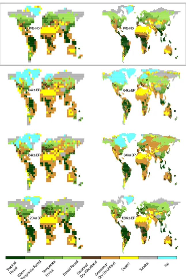 Figure 2. Reconstructed biomes (defined through highest affinity score) superimposed on simulated biomes using FAMOUS (B4F, left) and HadCM3 (B4H, right) climates for selected marine isotope stages (denoted in ka BP).
